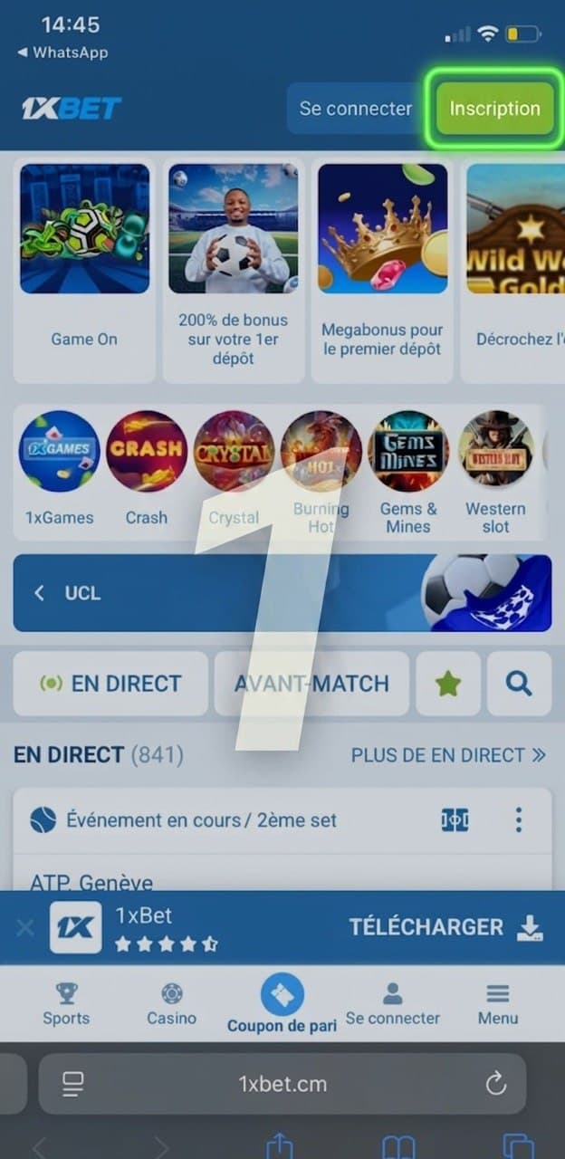 Page d'accueil 1xBet avec bouton Inscription