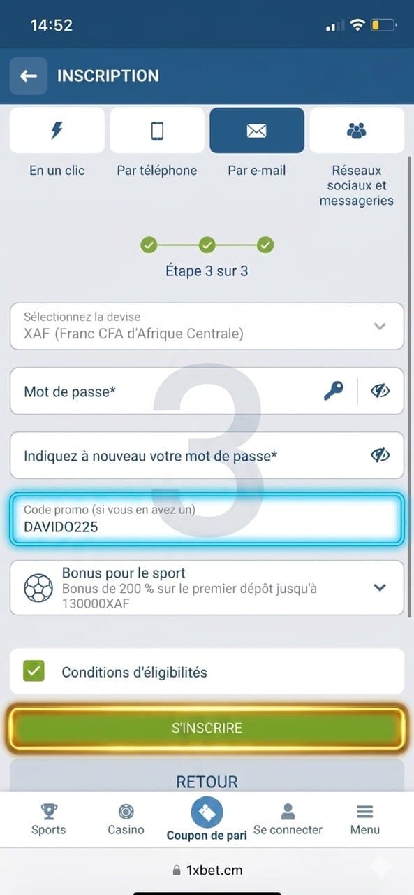 Étape finale avec le champ code promo DAVIDO225